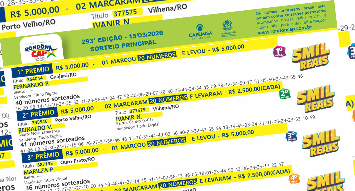 RondônCAP divulga ganhadores do sorteio deste domingo : prêmio de R$ 100 mil sai para Itapuã