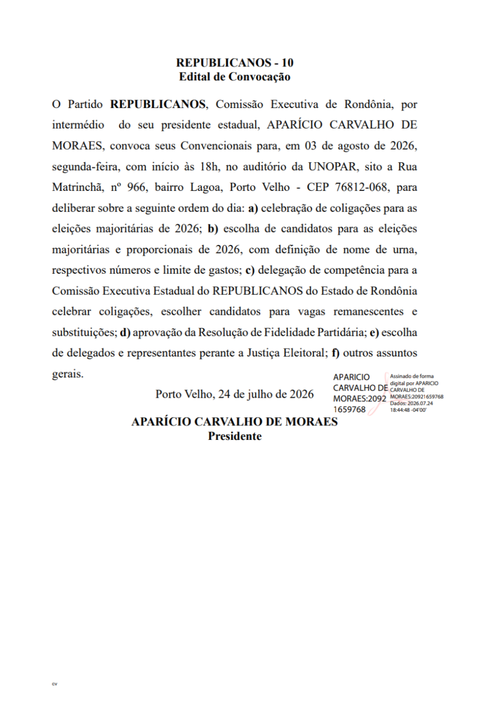 Edital de convocação - Convenção Partidária Estadual - Republicanos.